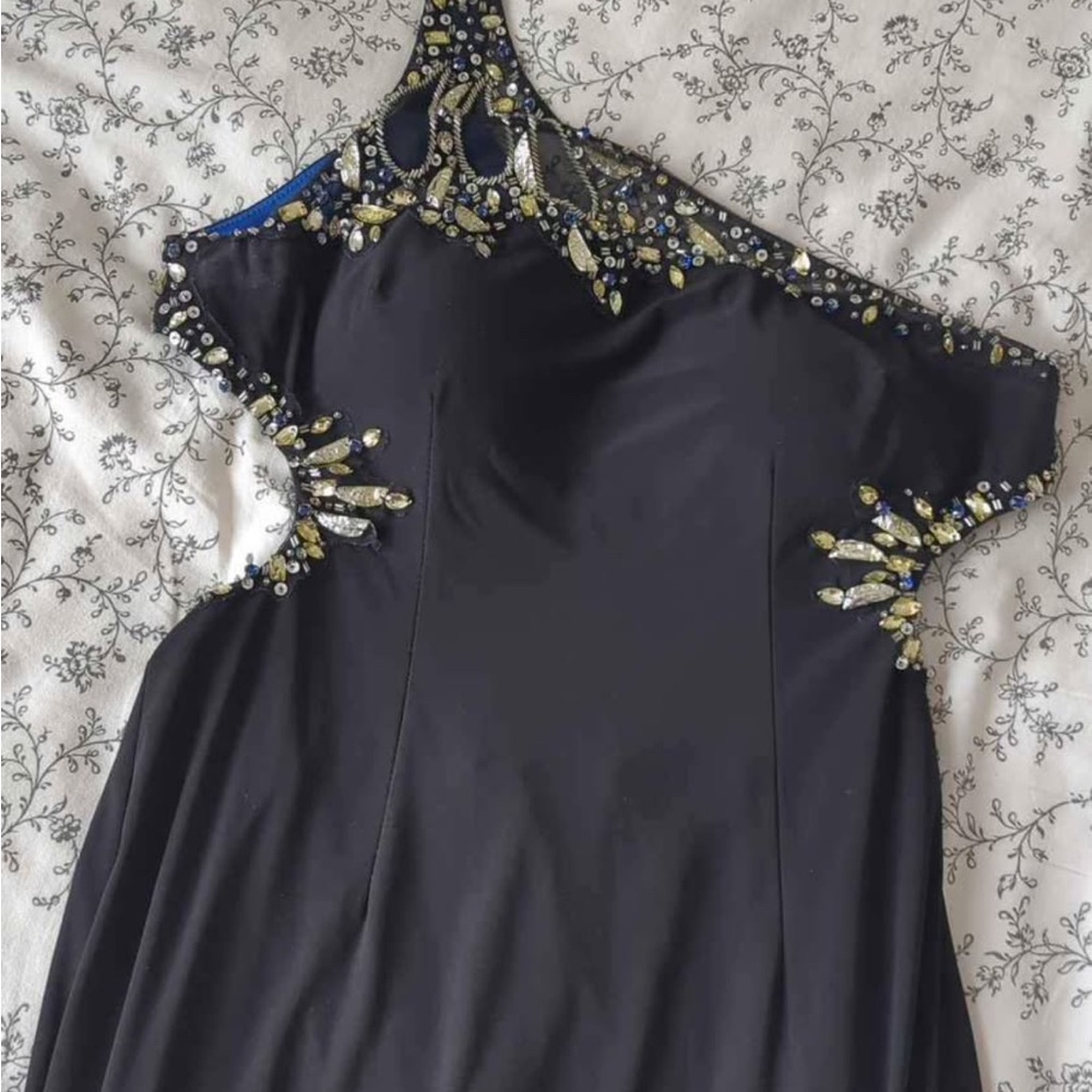 Macy's Black One-Shoulder Dress with Gold Embellishments